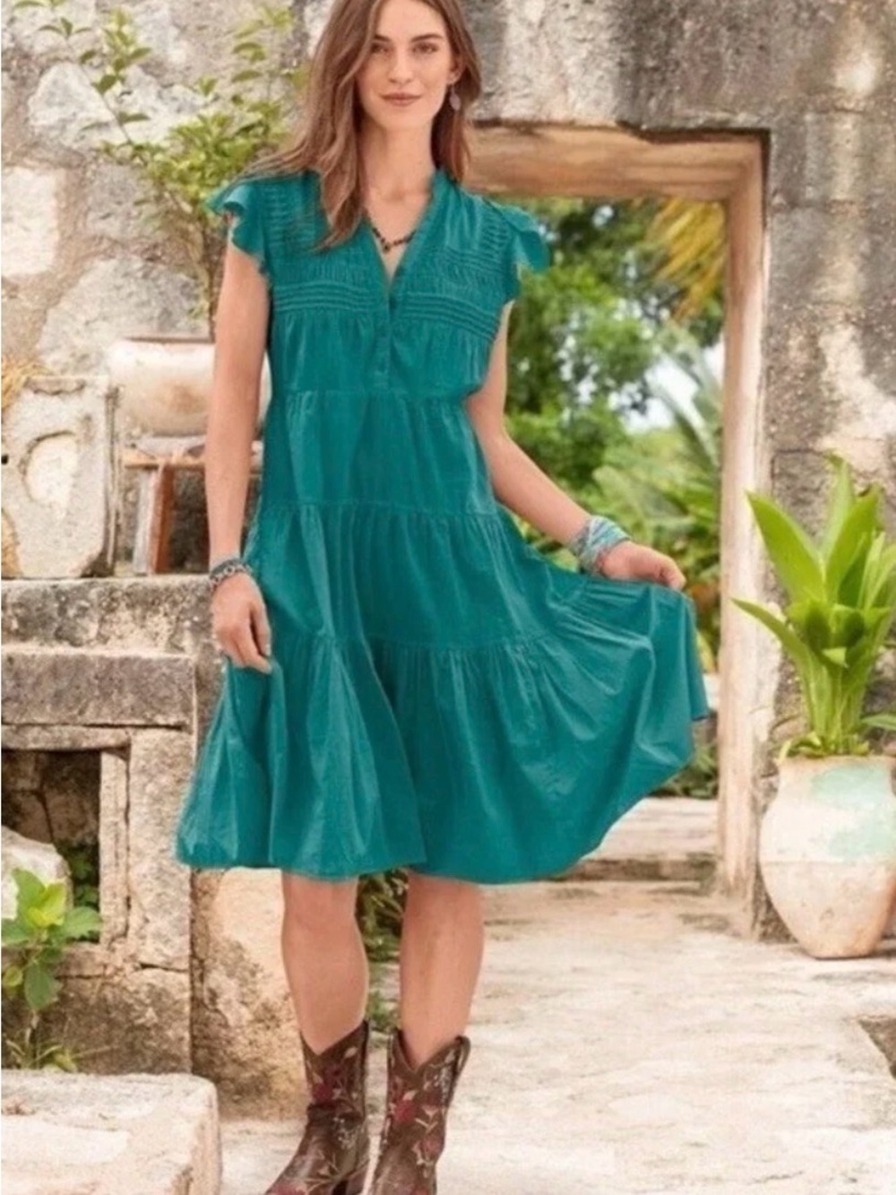 Sundance Janie Teal Tiered V-Neck Midi Dress NWOT